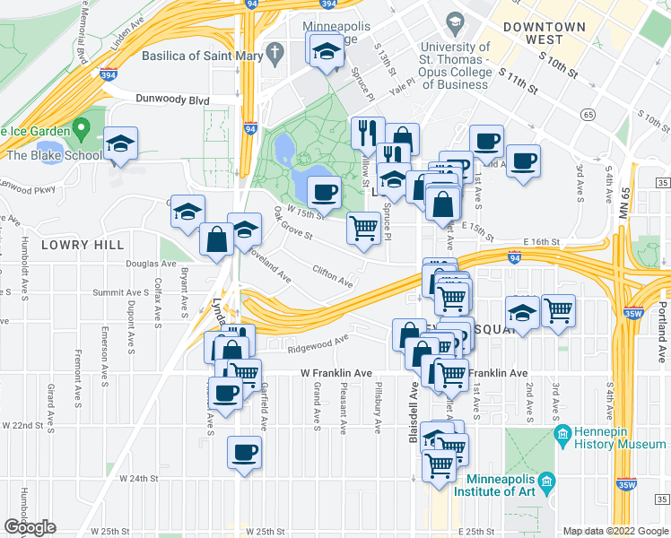 map of restaurants, bars, coffee shops, grocery stores, and more near 300 Clifton Avenue in Minneapolis
