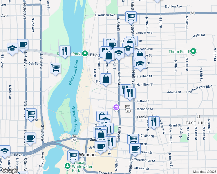 map of restaurants, bars, coffee shops, grocery stores, and more near 1009 N 3rd Street in Wausau