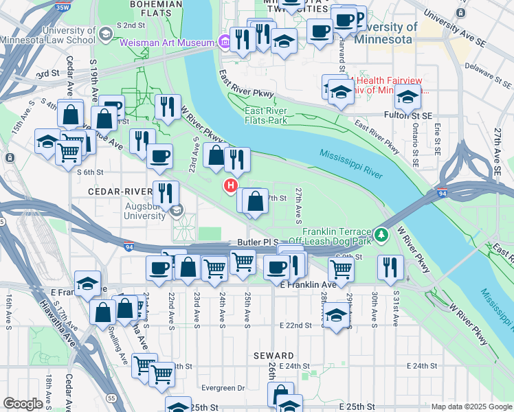 map of restaurants, bars, coffee shops, grocery stores, and more near 701 25th Avenue South in Minneapolis