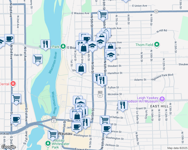 map of restaurants, bars, coffee shops, grocery stores, and more near 1209 North 5th Street in Wausau