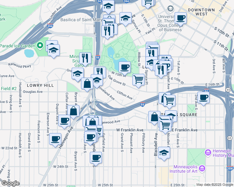 map of restaurants, bars, coffee shops, grocery stores, and more near 403 Oak Grove Street in Minneapolis