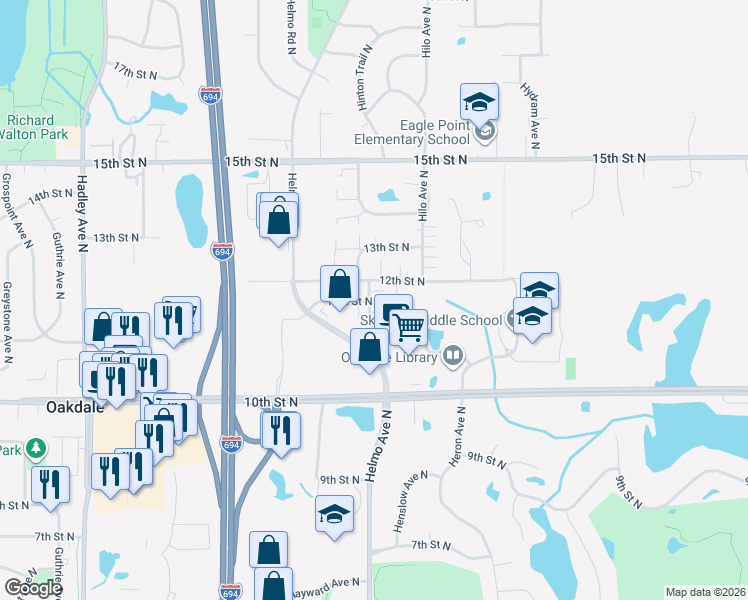 map of restaurants, bars, coffee shops, grocery stores, and more near 7606 12th Street North in Saint Paul