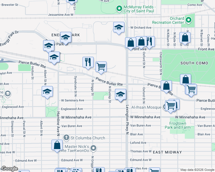 map of restaurants, bars, coffee shops, grocery stores, and more near 1211 West Pierce Butler Route in Saint Paul