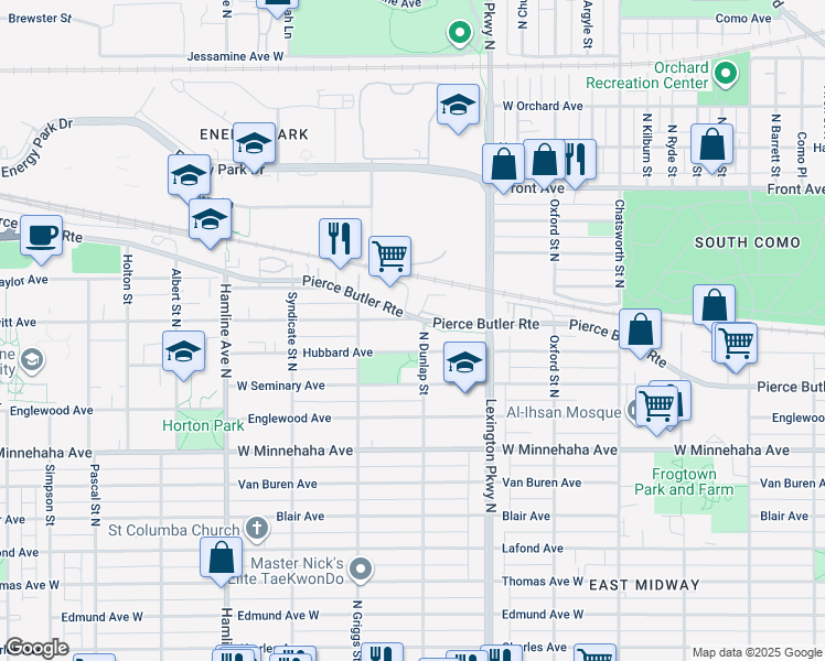 map of restaurants, bars, coffee shops, grocery stores, and more near 1211 West Pierce Butler Route in Saint Paul