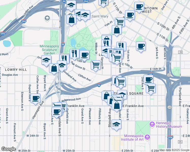 map of restaurants, bars, coffee shops, grocery stores, and more near in Minneapolis