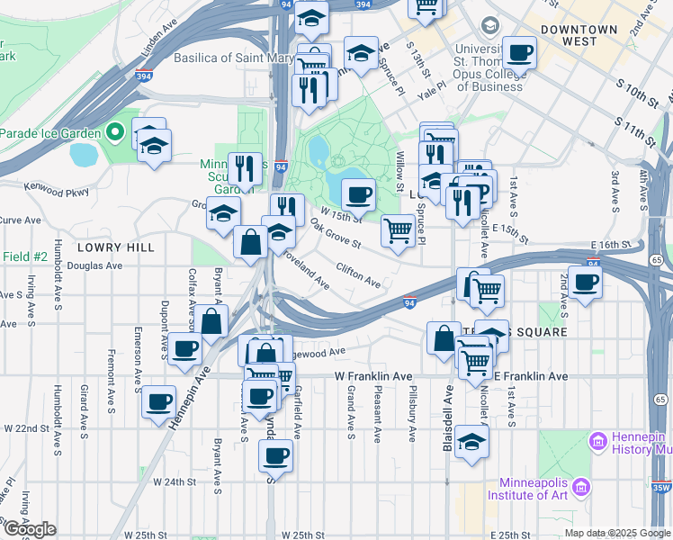 map of restaurants, bars, coffee shops, grocery stores, and more near 403 Oak Grove Street in Minneapolis