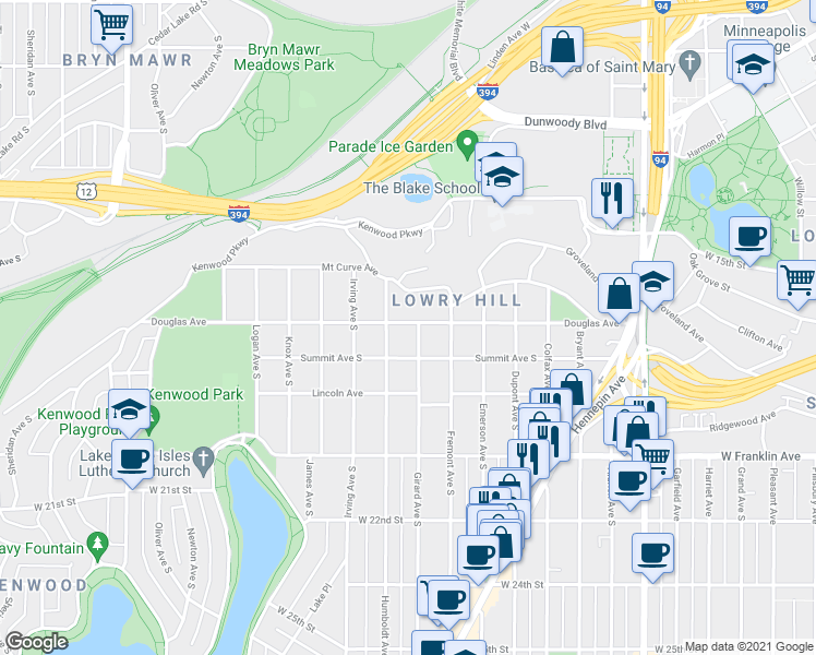 map of restaurants, bars, coffee shops, grocery stores, and more near 1325 Mount Curve Avenue in Minneapolis