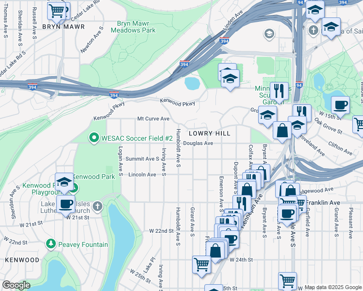 map of restaurants, bars, coffee shops, grocery stores, and more near 1716 Humboldt Avenue South in Minneapolis