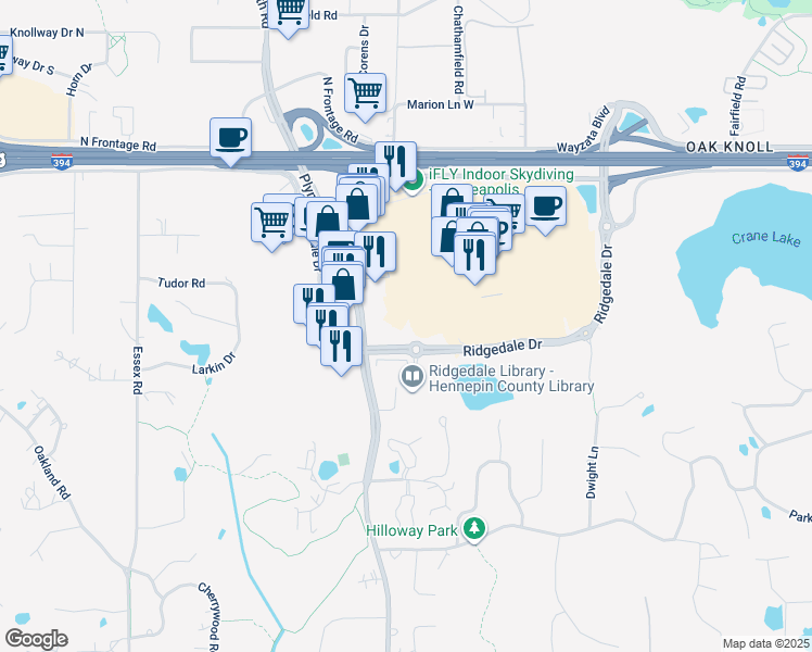 map of restaurants, bars, coffee shops, grocery stores, and more near 12610 Ridgedale Drive in Minnetonka