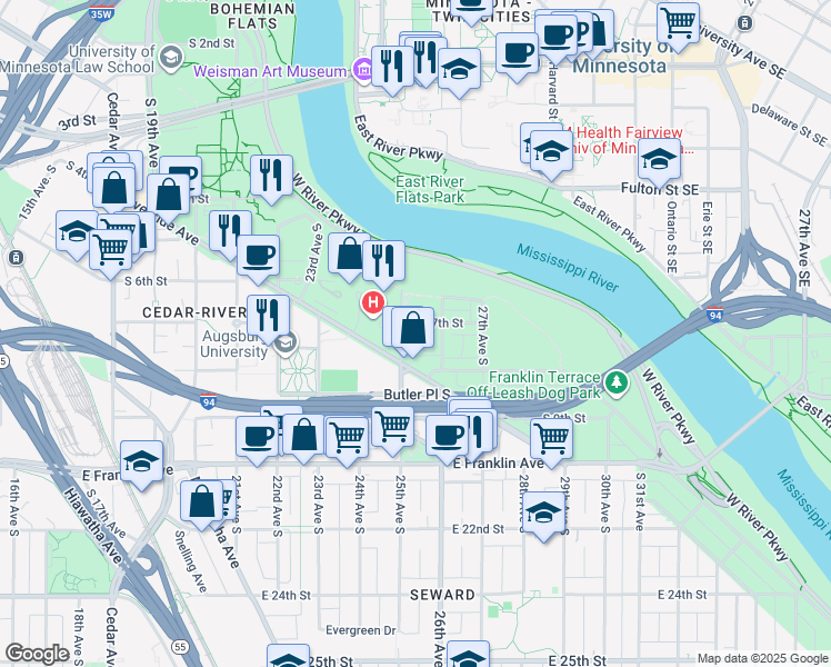 map of restaurants, bars, coffee shops, grocery stores, and more near 701 25th Avenue South in Minneapolis