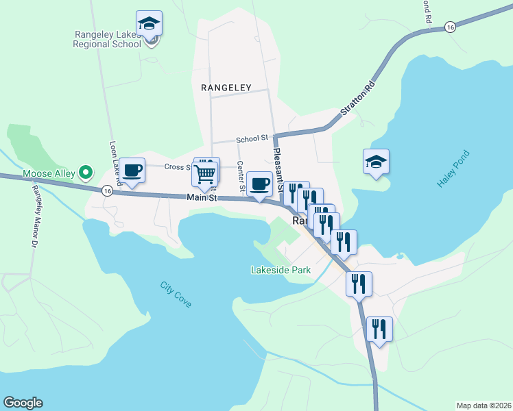 map of restaurants, bars, coffee shops, grocery stores, and more near 2582 Main Street in Rangeley