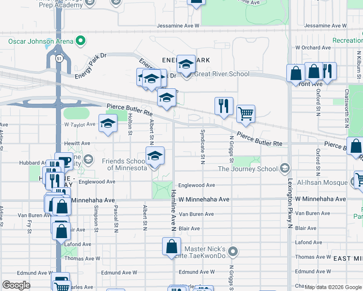 map of restaurants, bars, coffee shops, grocery stores, and more near 1328 Hewitt Avenue in Saint Paul