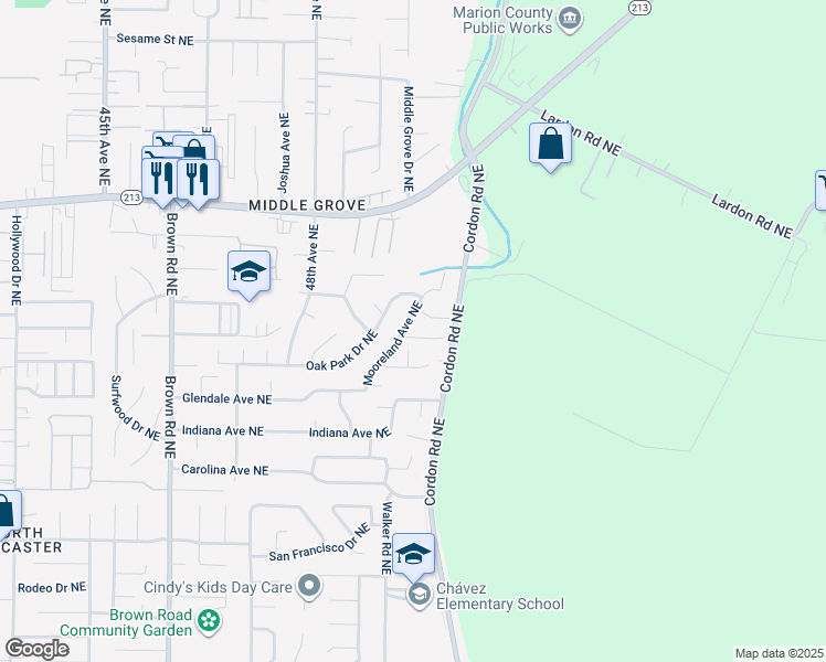 map of restaurants, bars, coffee shops, grocery stores, and more near 3190 Mooreland Avenue Northeast in Salem