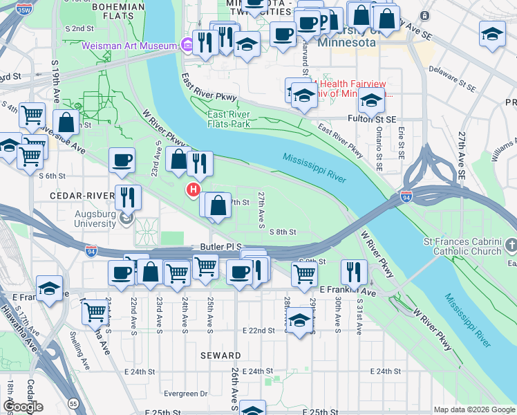 map of restaurants, bars, coffee shops, grocery stores, and more near 2700 South 8th Street in Minneapolis