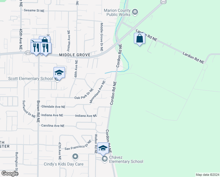 map of restaurants, bars, coffee shops, grocery stores, and more near 4975 Keiko Court Northeast in Salem