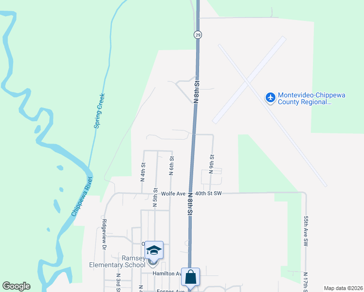 map of restaurants, bars, coffee shops, grocery stores, and more near 1663 Benson Road in Montevideo
