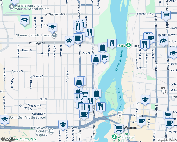 map of restaurants, bars, coffee shops, grocery stores, and more near 332 North 1st Avenue in Wausau