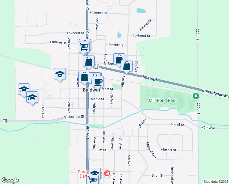 map of restaurants, bars, coffee shops, grocery stores, and more near 705 Main Street in Baldwin