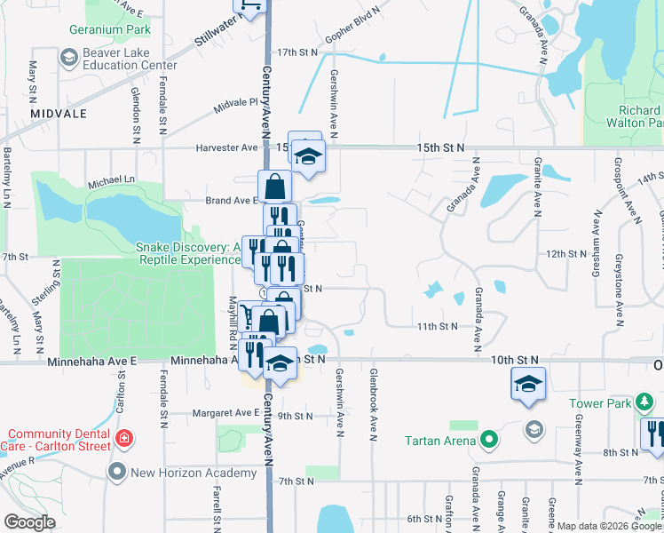 map of restaurants, bars, coffee shops, grocery stores, and more near 6276 12th Street North in Oakdale