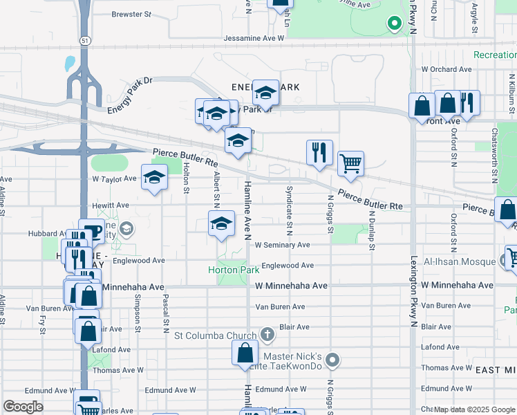 map of restaurants, bars, coffee shops, grocery stores, and more near 1319 Hewitt Avenue in Saint Paul