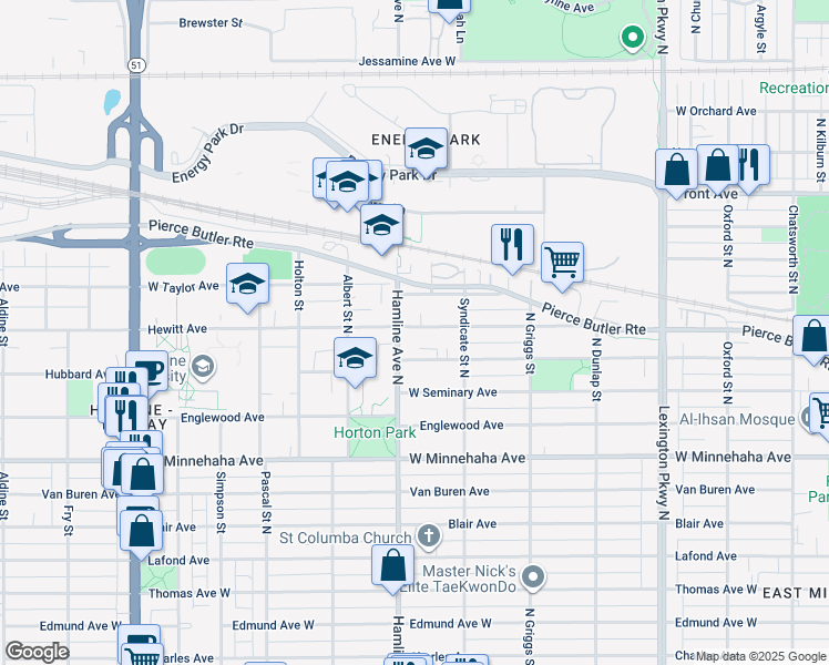 map of restaurants, bars, coffee shops, grocery stores, and more near 1319 Hewitt Avenue in Saint Paul