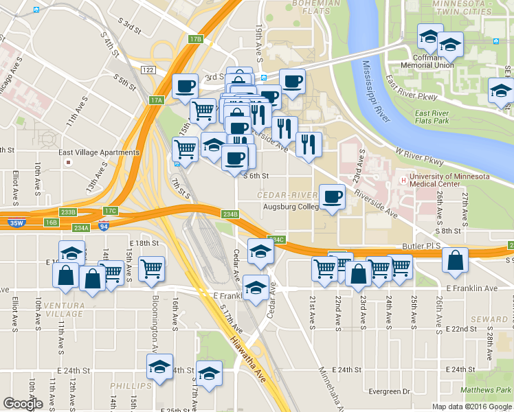 map of restaurants, bars, coffee shops, grocery stores, and more near 620 19th Avenue South in Minneapolis