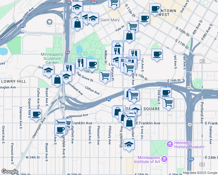 map of restaurants, bars, coffee shops, grocery stores, and more near 230 Oak Grove Street in Minneapolis