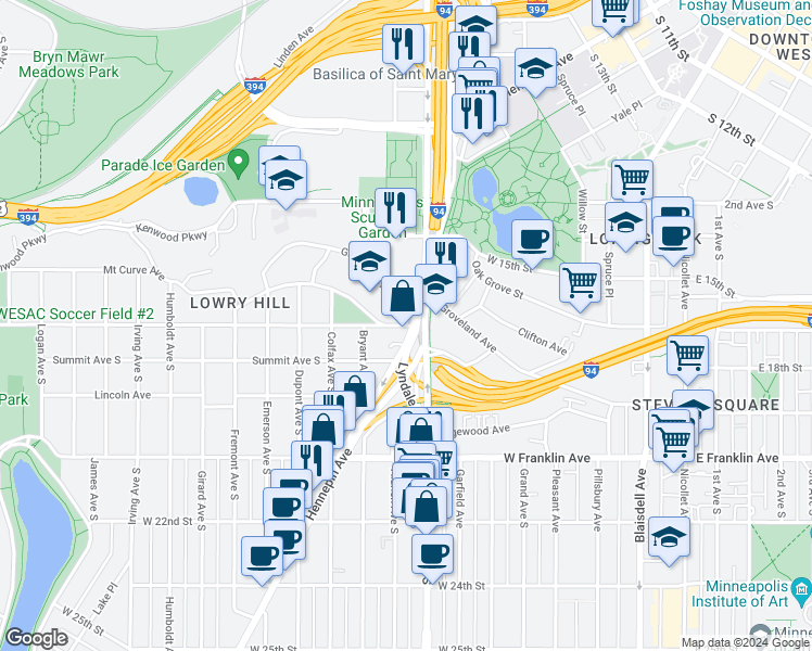 map of restaurants, bars, coffee shops, grocery stores, and more near 700 Douglas Avenue in Minneapolis