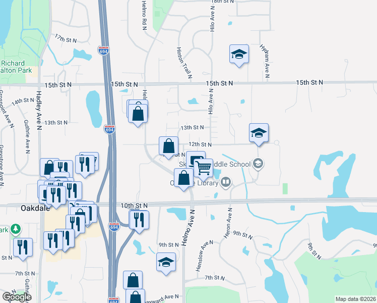 map of restaurants, bars, coffee shops, grocery stores, and more near 7606 12th Street North in Saint Paul