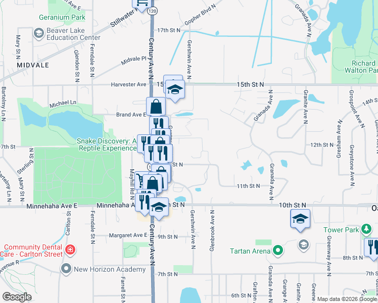 map of restaurants, bars, coffee shops, grocery stores, and more near 6276 12th Street North in Oakdale