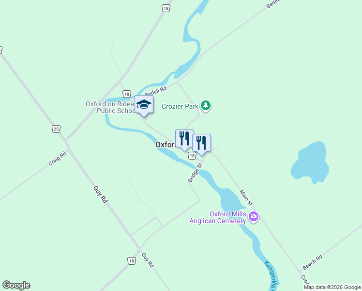 map of restaurants, bars, coffee shops, grocery stores, and more near 20 Water Street in Oxford Mills