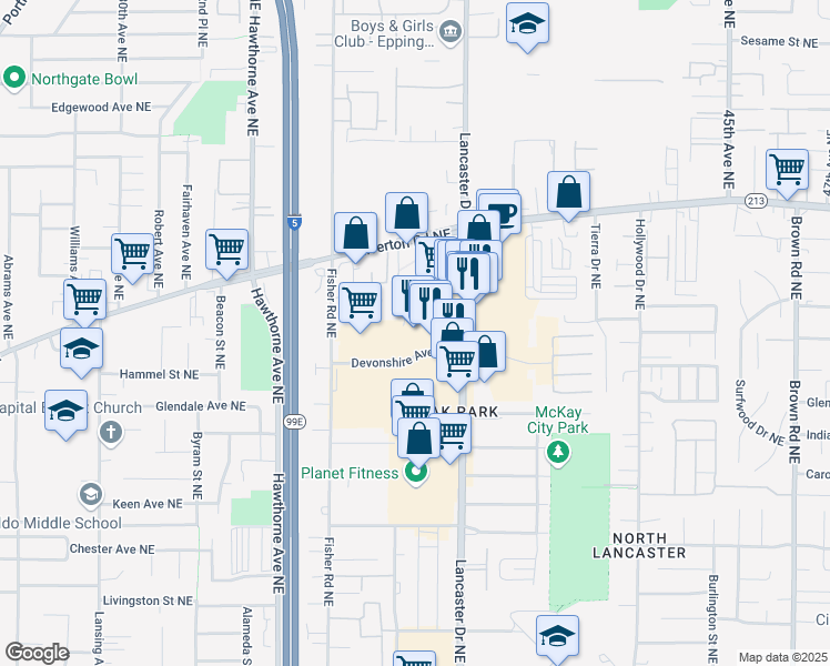 map of restaurants, bars, coffee shops, grocery stores, and more near 3271 Lancaster Drive Northeast in Salem