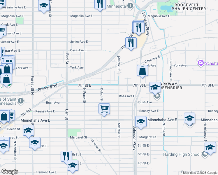 map of restaurants, bars, coffee shops, grocery stores, and more near 1211 7th Street East in Saint Paul
