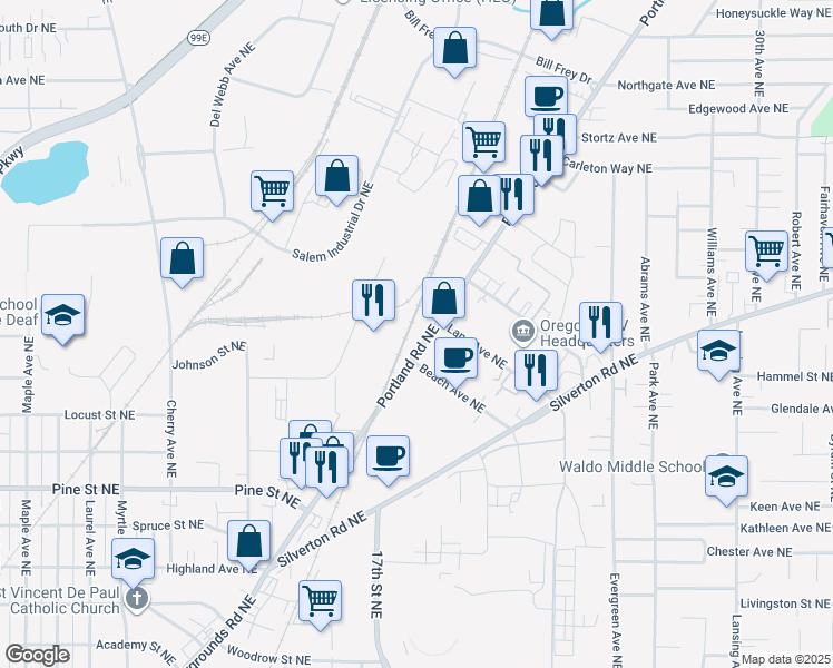 map of restaurants, bars, coffee shops, grocery stores, and more near 3055 Portland Road Northeast in Salem