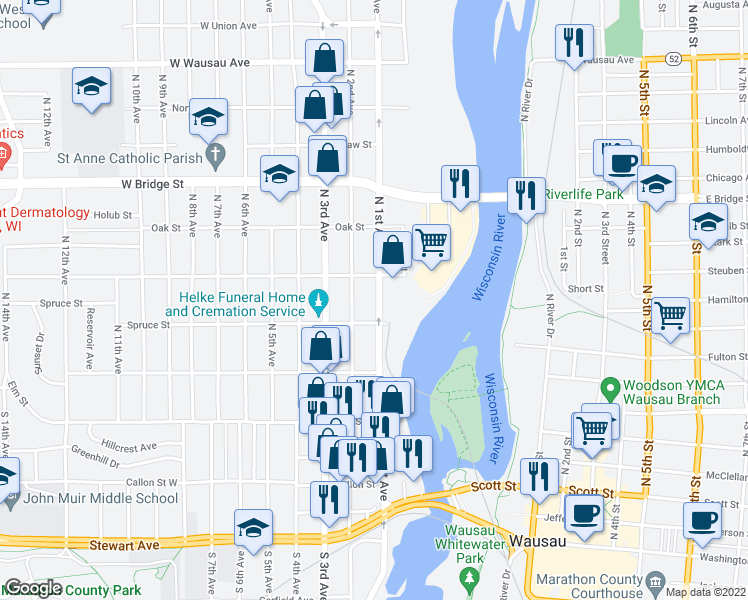 map of restaurants, bars, coffee shops, grocery stores, and more near 316 North 1st Avenue in Wausau