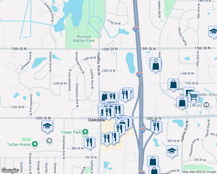 map of restaurants, bars, coffee shops, grocery stores, and more near 1171 Hadley Avenue North in Oakdale