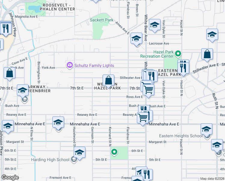 map of restaurants, bars, coffee shops, grocery stores, and more near 1669 7th Street East in Saint Paul
