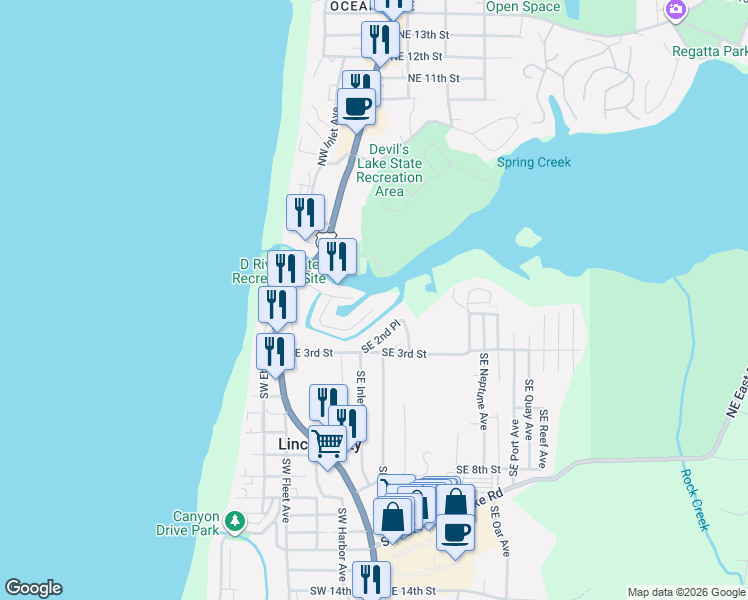 map of restaurants, bars, coffee shops, grocery stores, and more near 1343 Southeast 2nd Court in Lincoln City