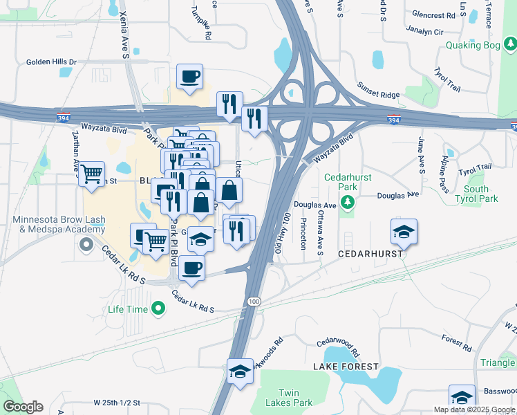 map of restaurants, bars, coffee shops, grocery stores, and more near 5100 Gamble Drive in Minneapolis