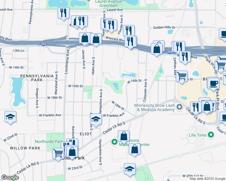 map of restaurants, bars, coffee shops, grocery stores, and more near 6618 West 16th Street in Minneapolis
