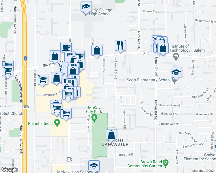 map of restaurants, bars, coffee shops, grocery stores, and more near 3082 Tierra Drive Northeast in Salem