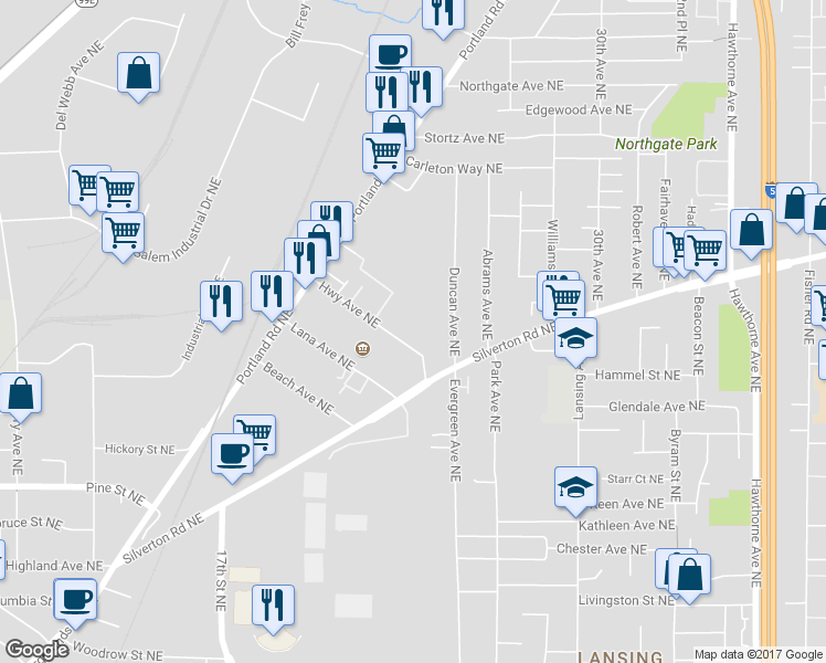 map of restaurants, bars, coffee shops, grocery stores, and more near 1905-1925 Highway Avenue Northeast in Salem