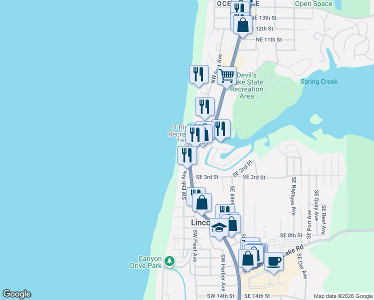 map of restaurants, bars, coffee shops, grocery stores, and more near 95 U.S. 101 in Lincoln City