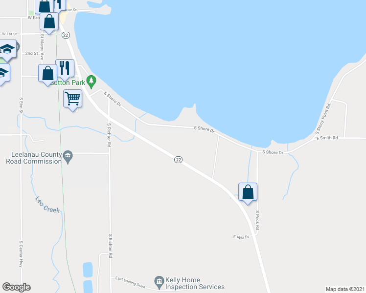 map of restaurants, bars, coffee shops, grocery stores, and more near 1229 South West-Bay Shore Drive in Suttons Bay
