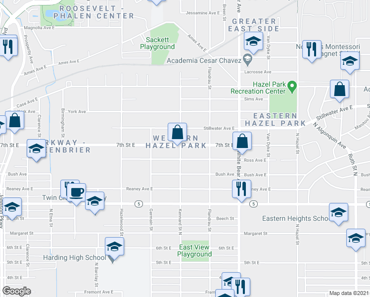 map of restaurants, bars, coffee shops, grocery stores, and more near 1669 7th Street East in Saint Paul