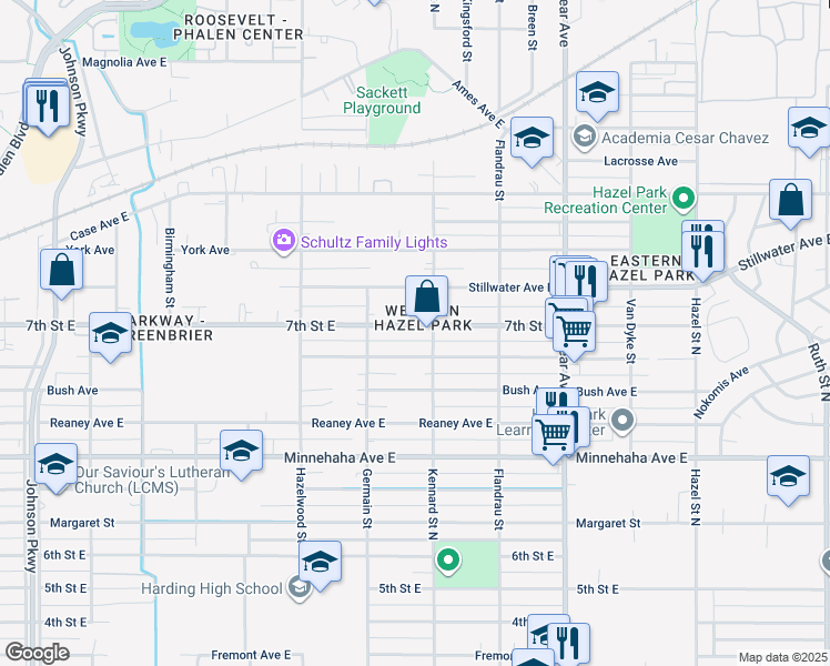 map of restaurants, bars, coffee shops, grocery stores, and more near 1629 7th Street East in Saint Paul