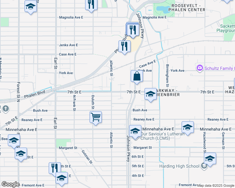 map of restaurants, bars, coffee shops, grocery stores, and more near 1245 7th Street East in Saint Paul