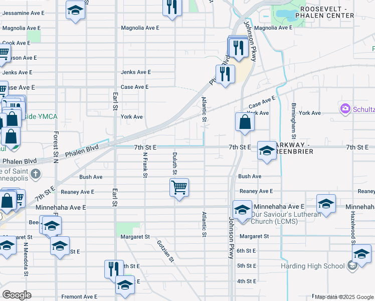 map of restaurants, bars, coffee shops, grocery stores, and more near 1211 7th Street East in Saint Paul