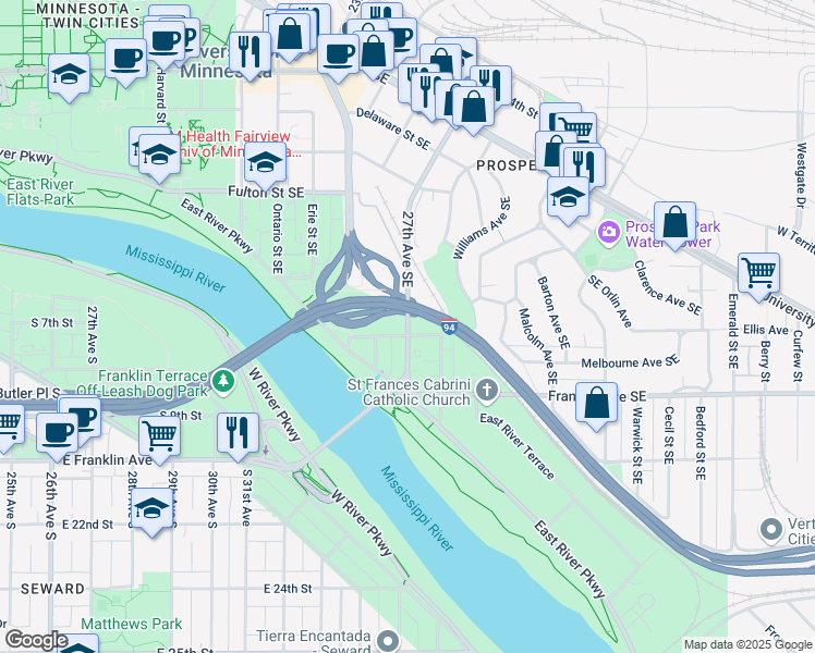 map of restaurants, bars, coffee shops, grocery stores, and more near 48 27th Avenue Southeast in Minneapolis