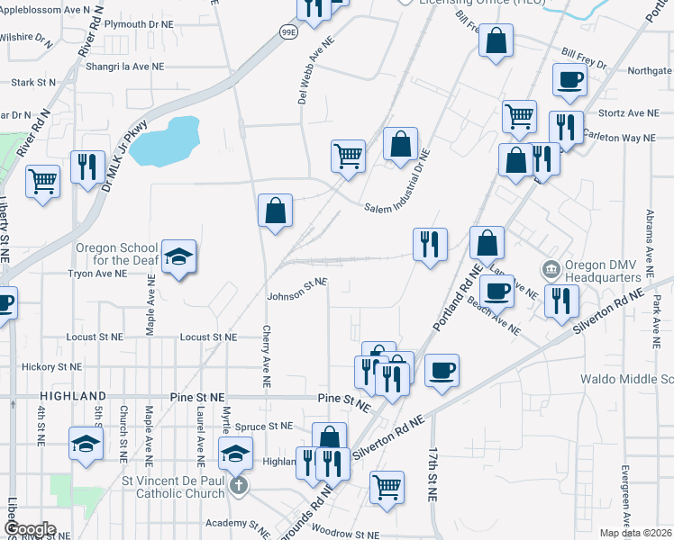 map of restaurants, bars, coffee shops, grocery stores, and more near 1295 Johnson Street Northeast in Salem